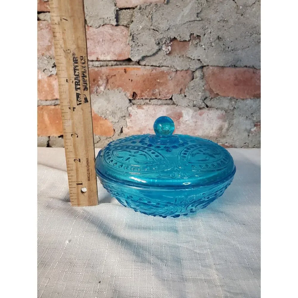 Vintage Teal Blue Glass Lidded Candy Dish Trinket Box Ornate Pressed Hobnail